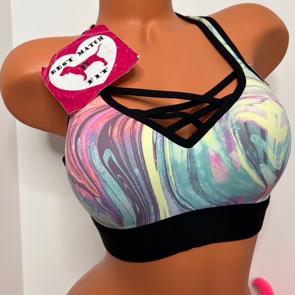 Victoria’s Secret PINK L Ultimate Sports Bra Strappy Tie Dye Watercolor Marble - Picture 1 of 2